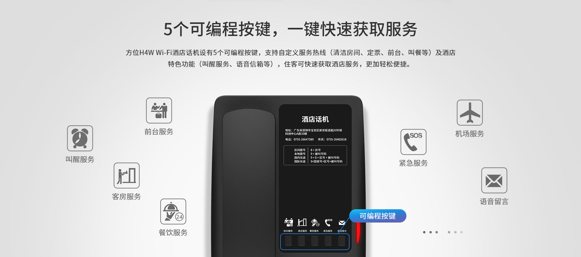 可编程按键支持自定义服务热线，例如清洁房间、早餐时间、wifi信息、订餐、洗衣机房空闲情况、健身房人数、一键酒店前台、叫醒读物、留言信息等