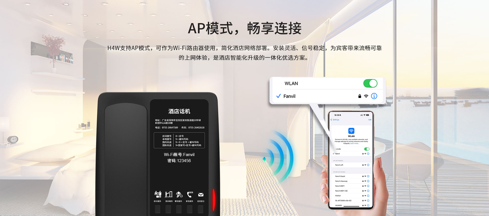 H4W支持AP模式，可作为wifi路由器使用，简化酒店网络部署